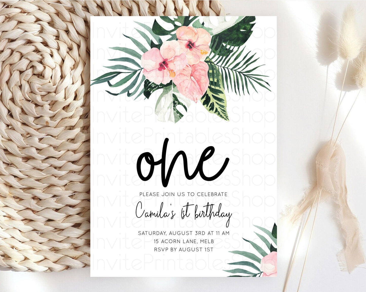 Tropical Invitation Tropical Birthday Invitation Tropical Floral Invitation Palm Leaf Fern Invite Frangipani White Orchid Invitation D11017