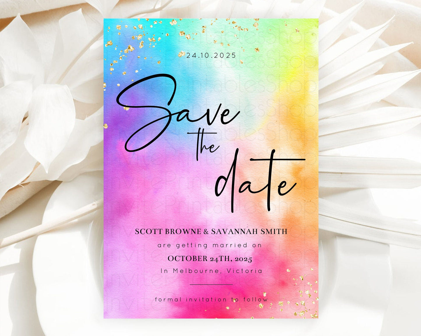 Tie Dye Save The Date Template Rainbow Pastel Ombre Watercolor Party For 1st Birthday Baptism Baby Shower Bridal Shower Wedding D10456