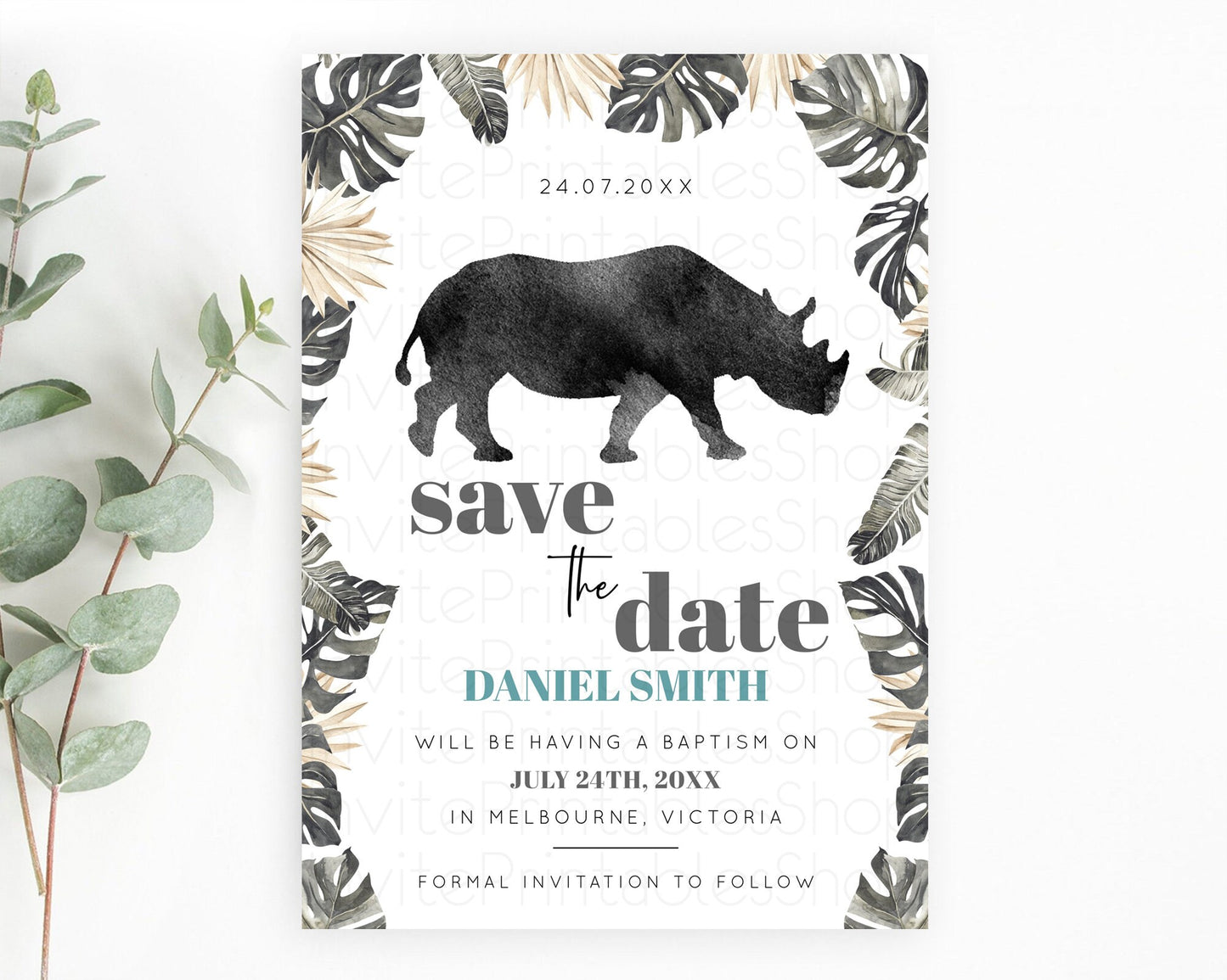 Rhino Save The Date Template Rhino Party Save The Date Safari Adventure Rhino Minimal Theme For 1st Birthday Baptism Baby Shower D10805