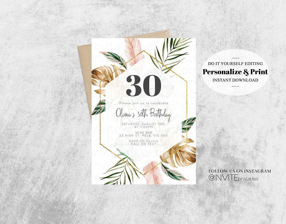 30th Tropical Birthday Invitation Tropical Invite Fan Palm Banana Leaf Hawaii Floral Bouquet Greenery Gold Pink Grey Watercolor hpt34