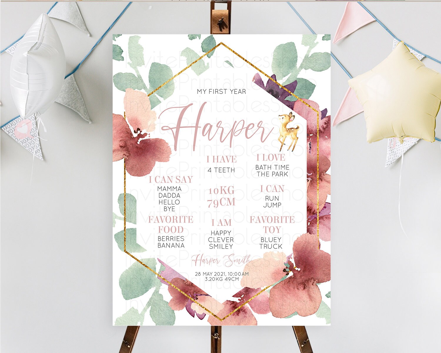 Editable Fawn First Birthday Milestone Board Deer First Birthday Milestone P