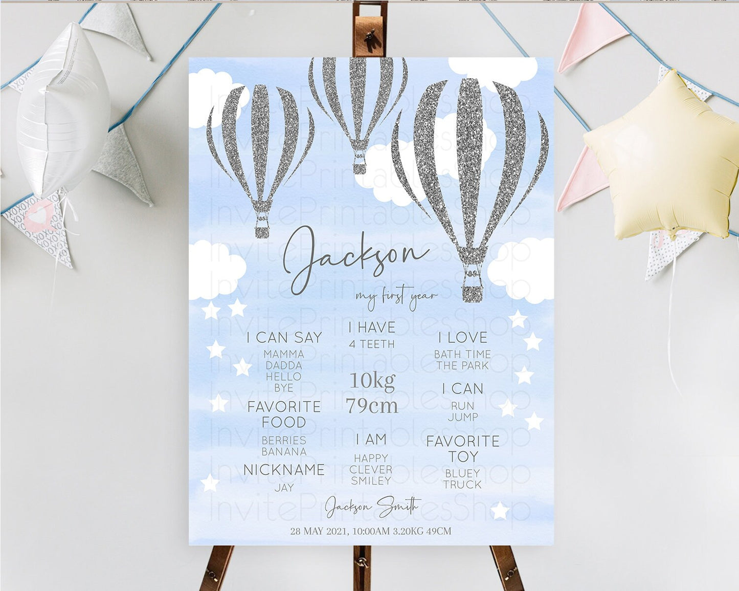 Hot Air Balloon First Birthday Milestone Poster Hot Air Balloon Milestone Board Adventure Awaits Blue Watercolor 1st Birthday Boy D10334