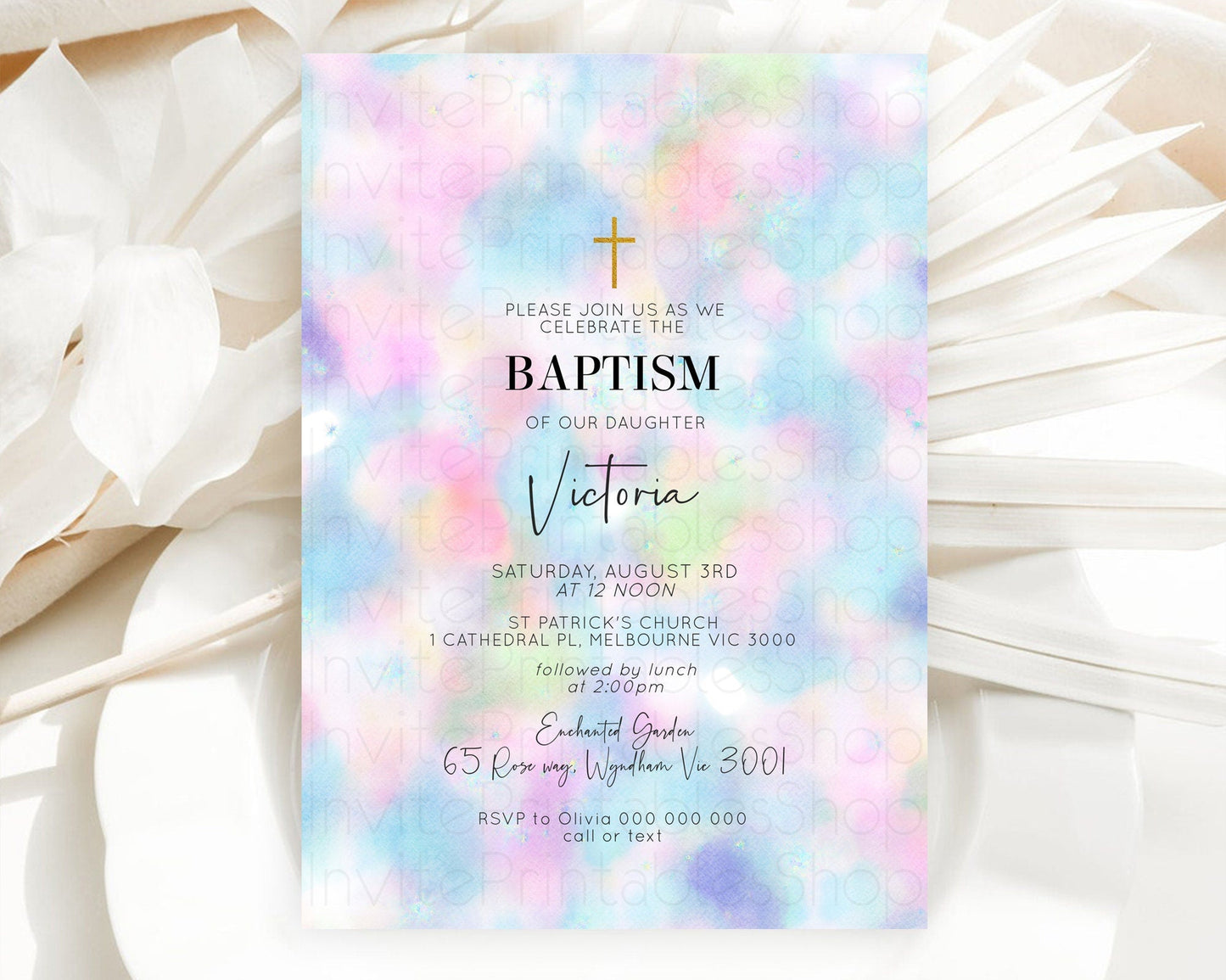 Pastel Baptism Invitation Pastel Colors Watercolor Baptism 1st Birthday Party Gold Ombre Pastel Rainbow Christening Holy Communion D10694