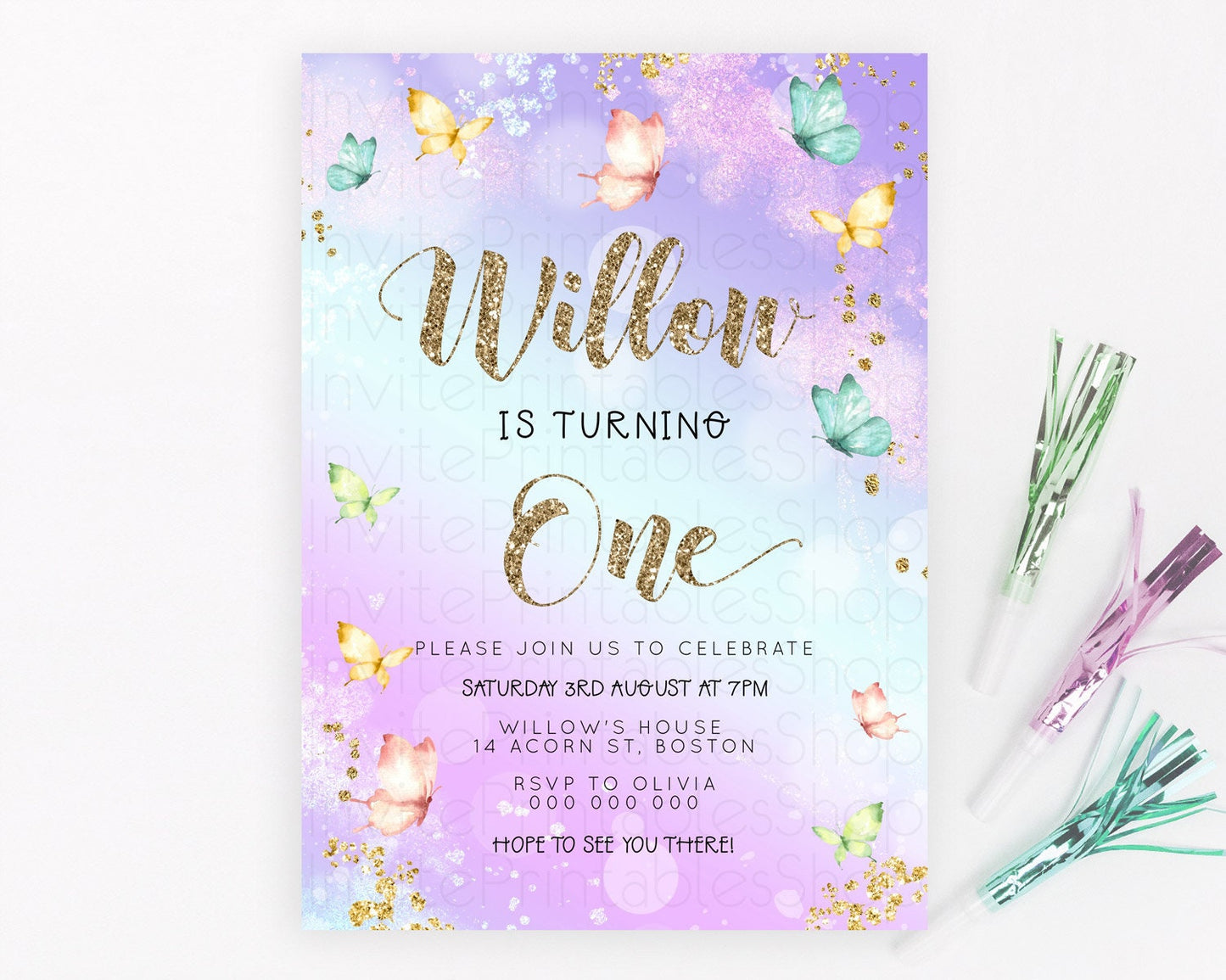 Pastel Butterfly Birthday Invitation Butterfly Birthday Invitation Colorful Splash Glitter Butterfly Garden 1st 2nd Birthday D23094