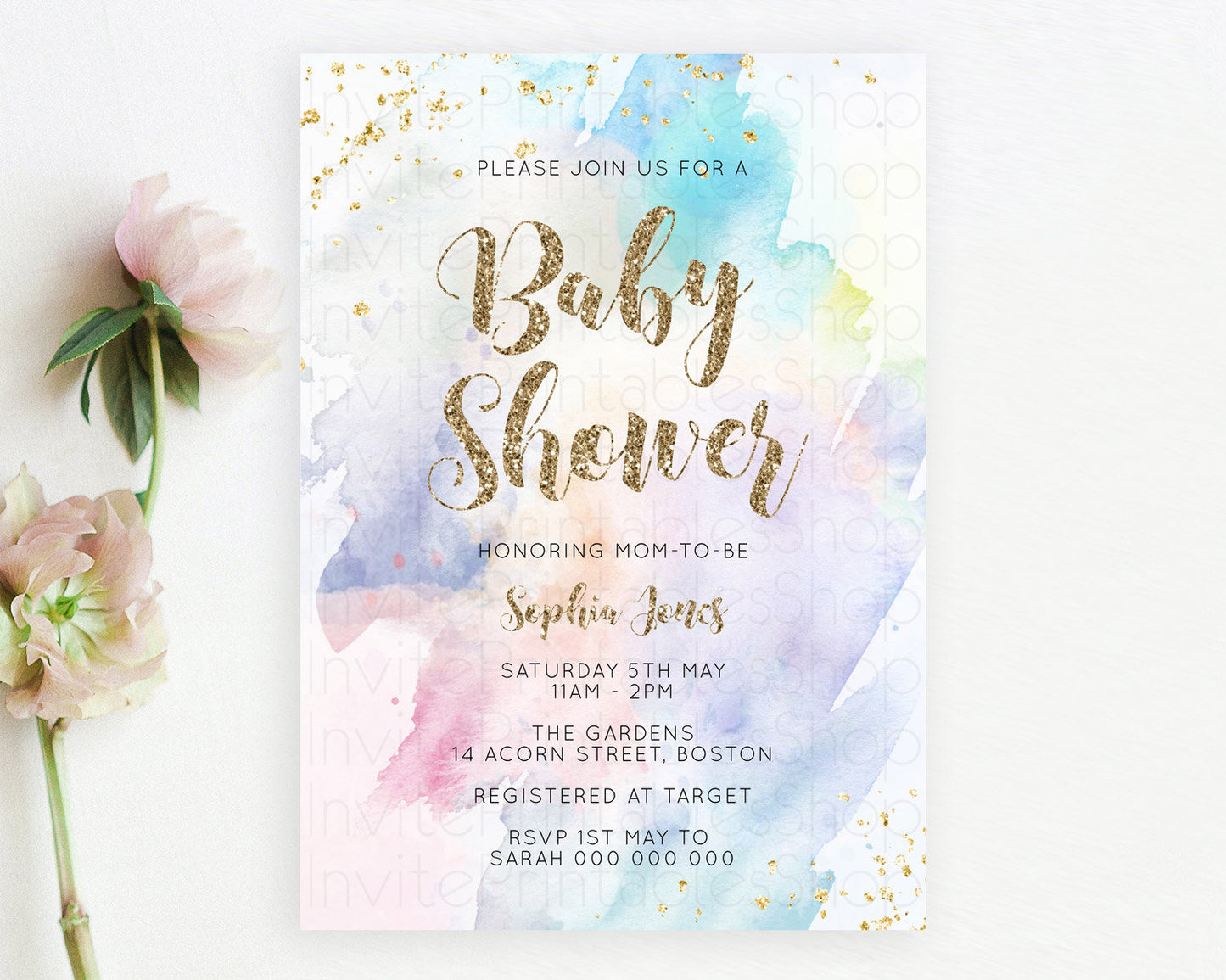 Pastel Baby Shower Invitation Rainbow Baby Shower Invitation Colorful Pastel Watercolor Invitation Gold Glitter Sprinkles Ombre D10421