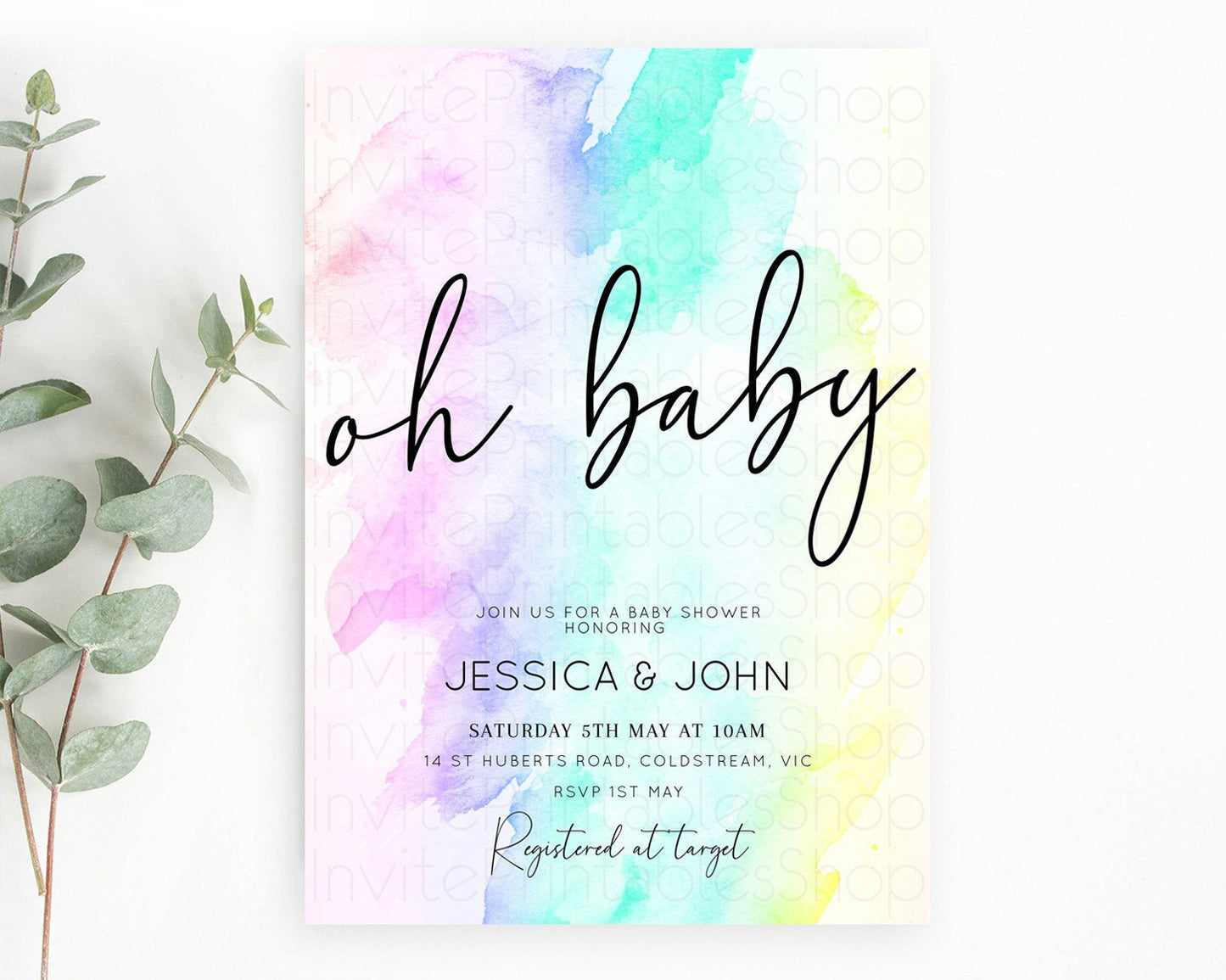 Pastel Rainbow Baby Shower Invitation With Gold Glitter Sprinkles, Colorful Watercolor Ombre Splash in Pink, Teal, and Yellow Theme D10231