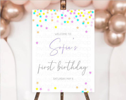 Star Welcome Board Pastel Stars Welcome Sign Shooting Star Rainbow Colorful Confetti Twinkle Little Star First Birthday Welcome Sign D10397