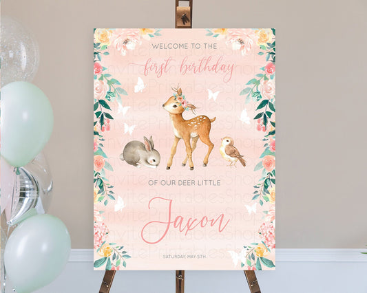 Fawn Welcome Sign Deer Welcome Board Floral Deer Welcome Poster Enchanted Forest Butterfly Pastel Floral First Birthday Welcome Sign D10921