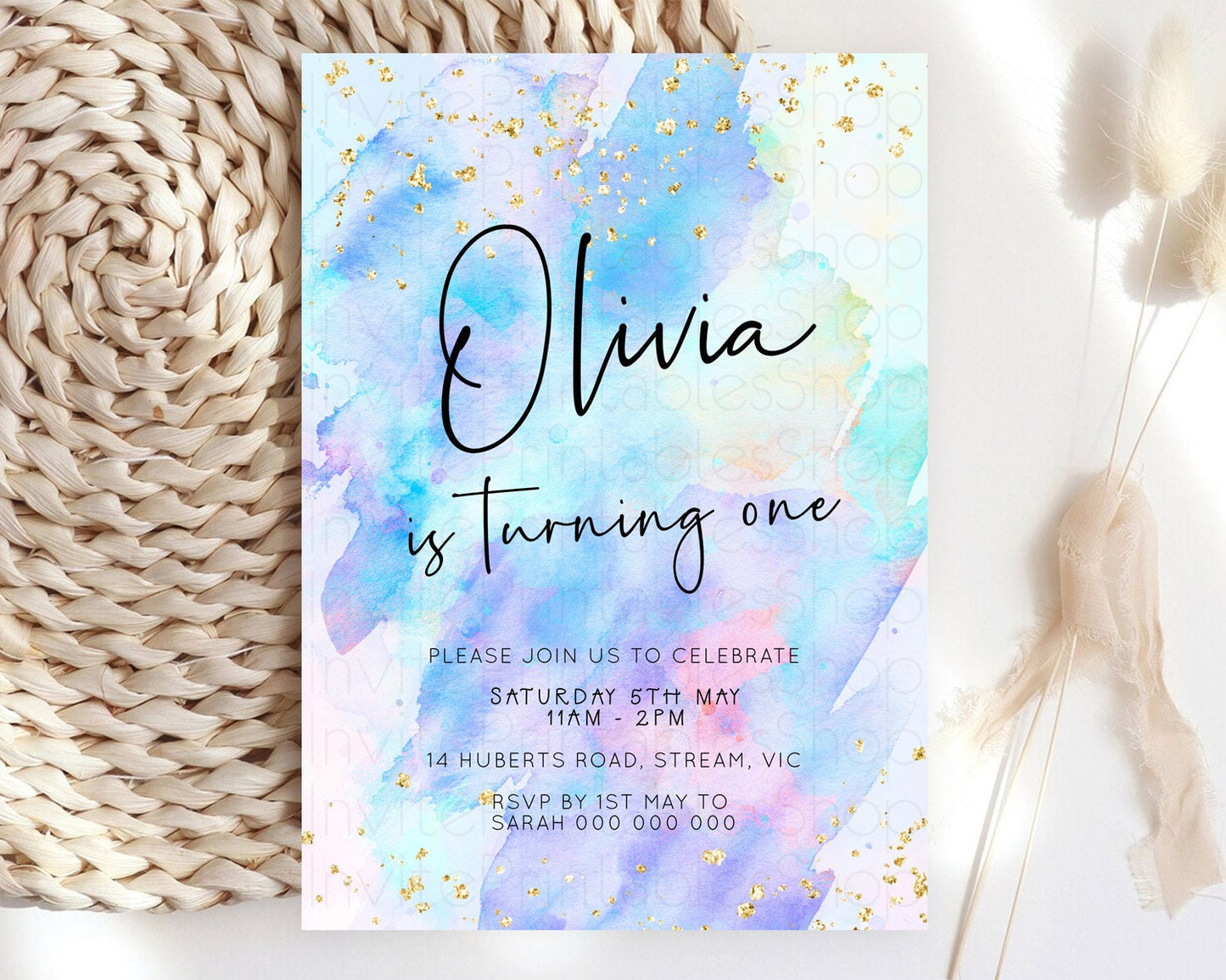 Pastel Birthday Invitation Ombre Watercolor Birthday Invitation Glitter Rainbow Color Splash 1st 2nd 3rd Birthday Invitation D23061