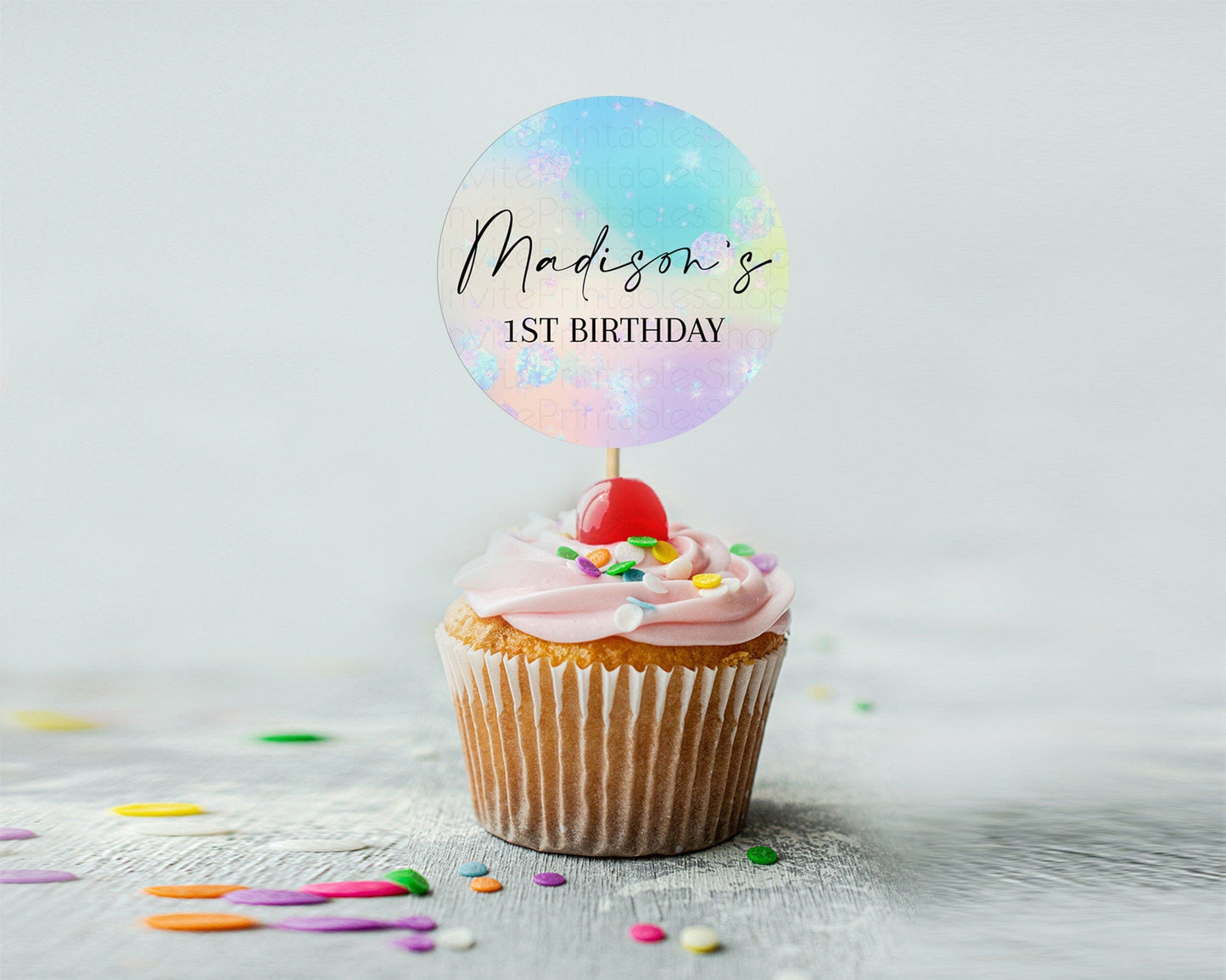 Rainbow Cupcake Toppers Pastel Cupcake Toppers Iridescent Sprinkles Colorful Pastel Watercolor Cupcake Ombre Pastel Cupcake Topper D10665