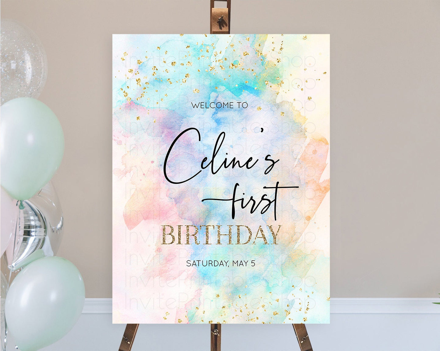 Pastel Welcome Sign Pastel Rainbow Welcome Sign Colorful Rainbow Confetti Watercolor Glitter Pastel First Birthday Welcome Sign D10260