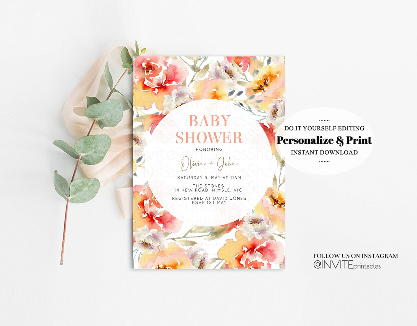 Floral Baby Shower Invitation Watercolor Pink Orange Pink Red Boho Flowers Gender Neutral Spring Summer Modern Editable Invite Template 227