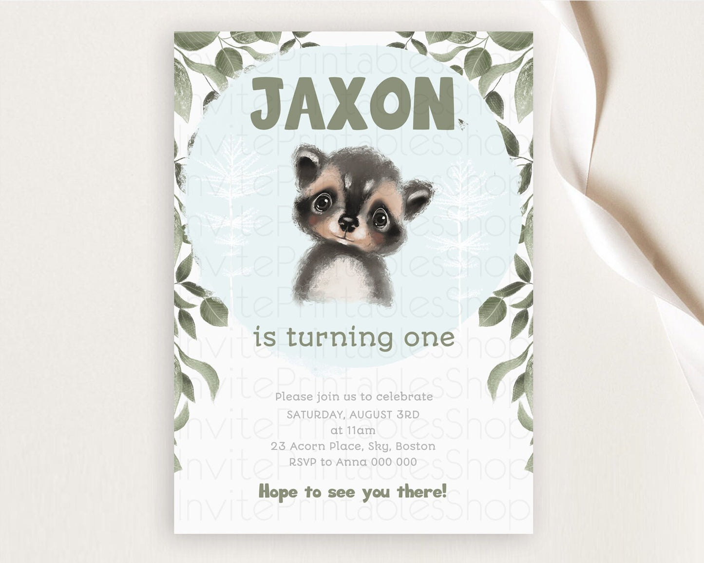 Raccoon Birthday Invitation Raccoon Invite Enchanted Forest Adventure Birthday Woodland Invitation Baby Raccoon 1st First Birthday D10100