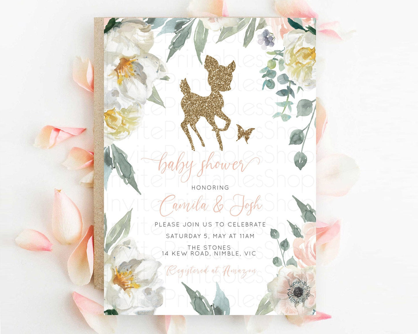 Fawn Baby Shower Invitation Deer Baby Shower Invites Enchanted Forest Theme Butterfly Pastel Flowers Whimsical Baby Shower D10120