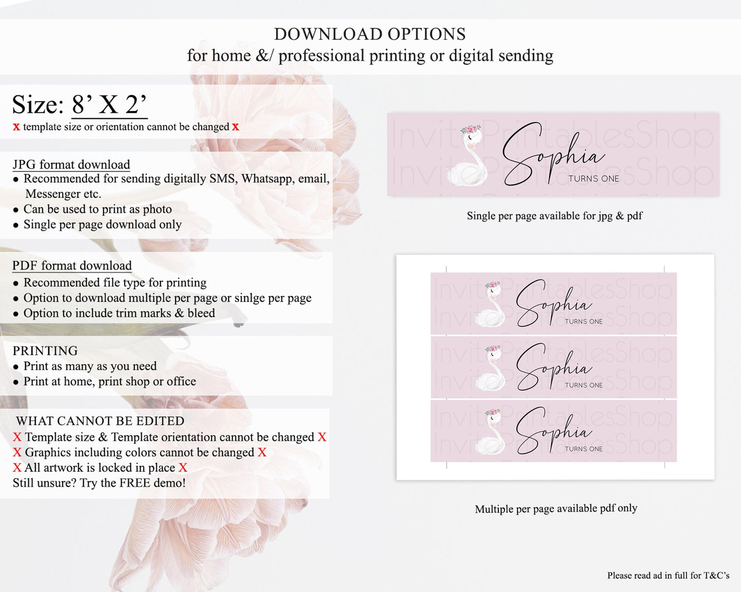 Swan Water Label Template Swan Princess Ballet Party Decor Enchanted Secret Garden Pastel Floral Birthday Baptism Baby Shower D10758