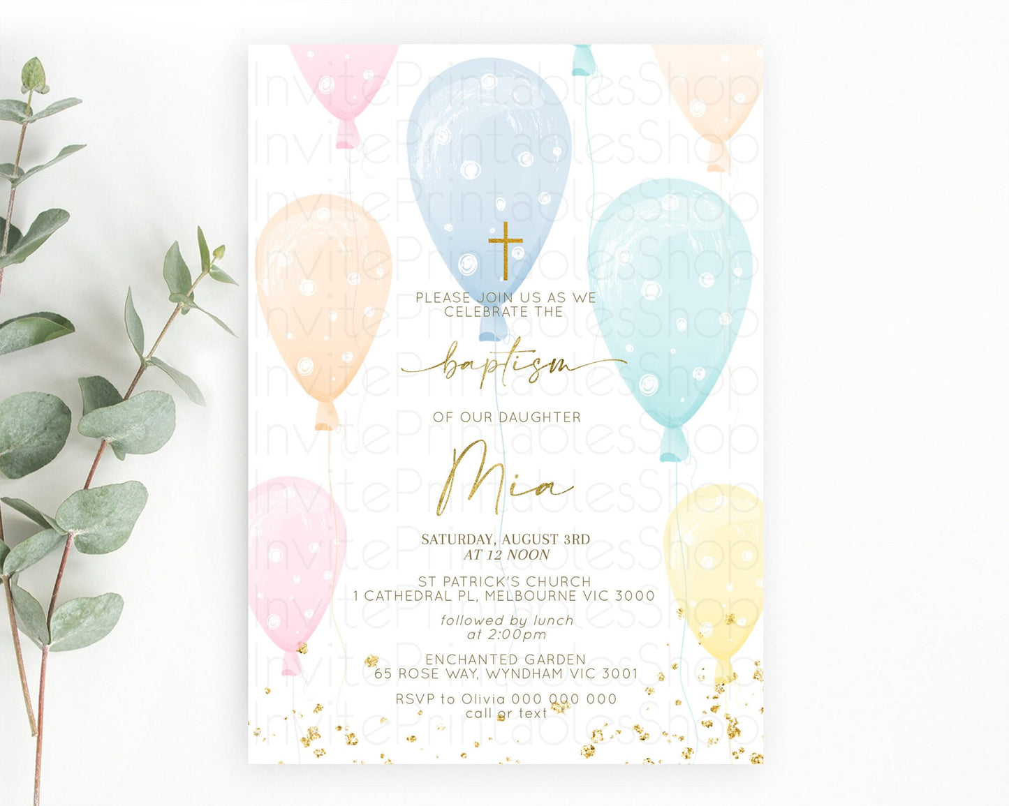 Balloon Baptism Invitation Pastel Baptism 1st Birthday Invitation Pastel Balloon Christening Invite Colorful Rainbow Balloon Invites D10182