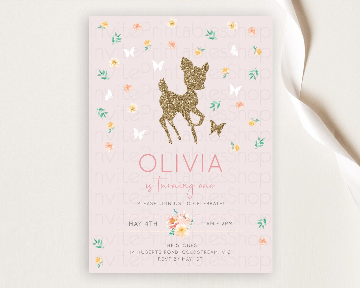 Fawn Birthday Invitation Deer Birthday Invitation Enchanted Forest Party Butterfly Pastel Flowers Whimsical 2nd 1st First Birthday D10386