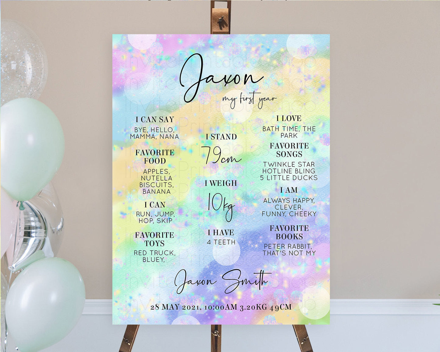 Pastel First Birthday Milestone Board Pastel Rainbow Milestone Poster Colorful Confetti Watercolor Glitter 1st Birthday Welcome Sign D10689