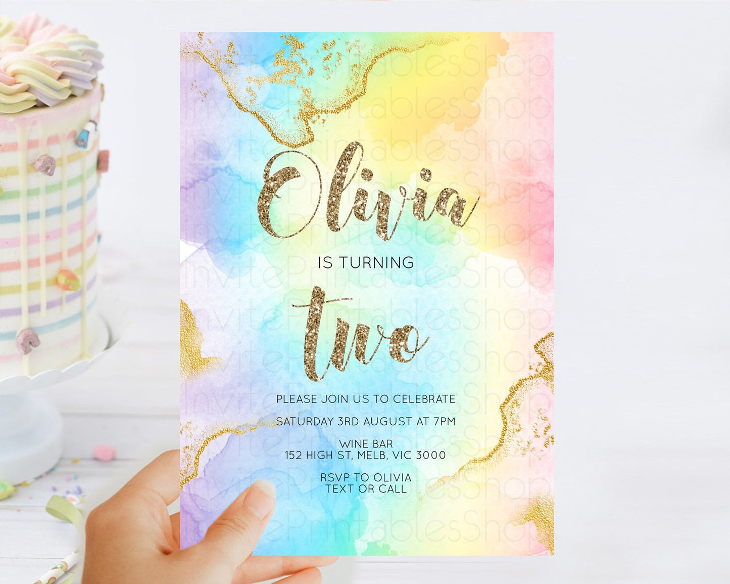 Rainbow Birthday Invitation Colorful Pastel Watercolor Invitation Gold Glitter Sprinkles Ombre Pastel 1st 2nd 3rd Birthday D10589