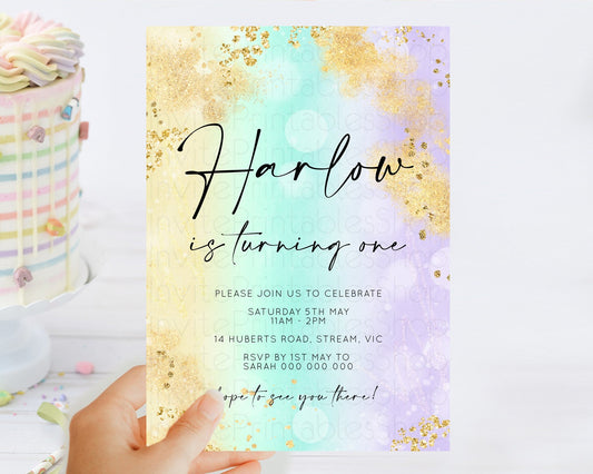 Rainbow Birthday Invitation Colorful Pastel Watercolor Invitation Gold Glitter Sprinkles Ombre Pastel 1st 2nd 3rd Birthday D10672