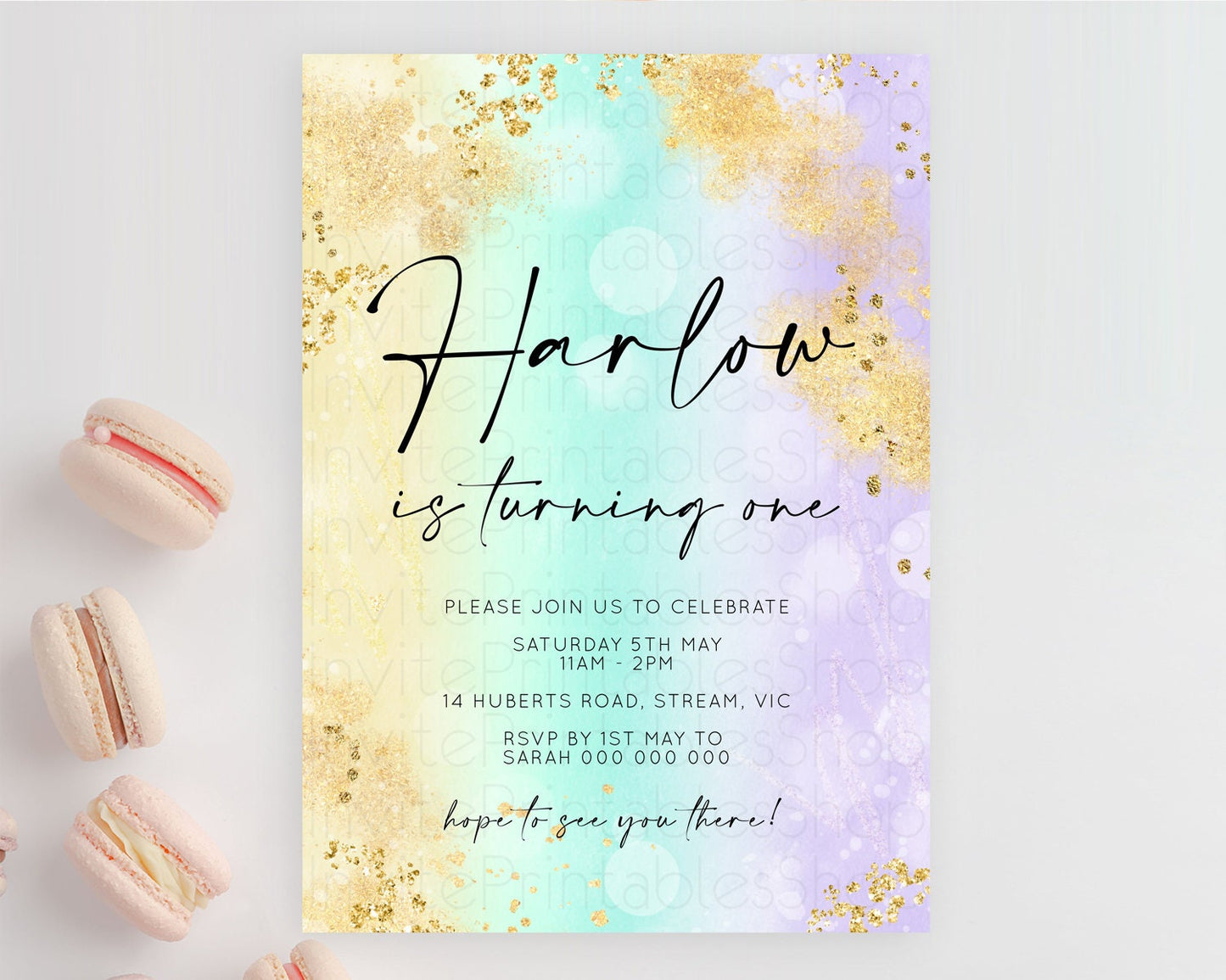 Rainbow Birthday Invitation Colorful Pastel Watercolor Invitation Gold Glitter Sprinkles Ombre Pastel 1st 2nd 3rd Birthday D10672