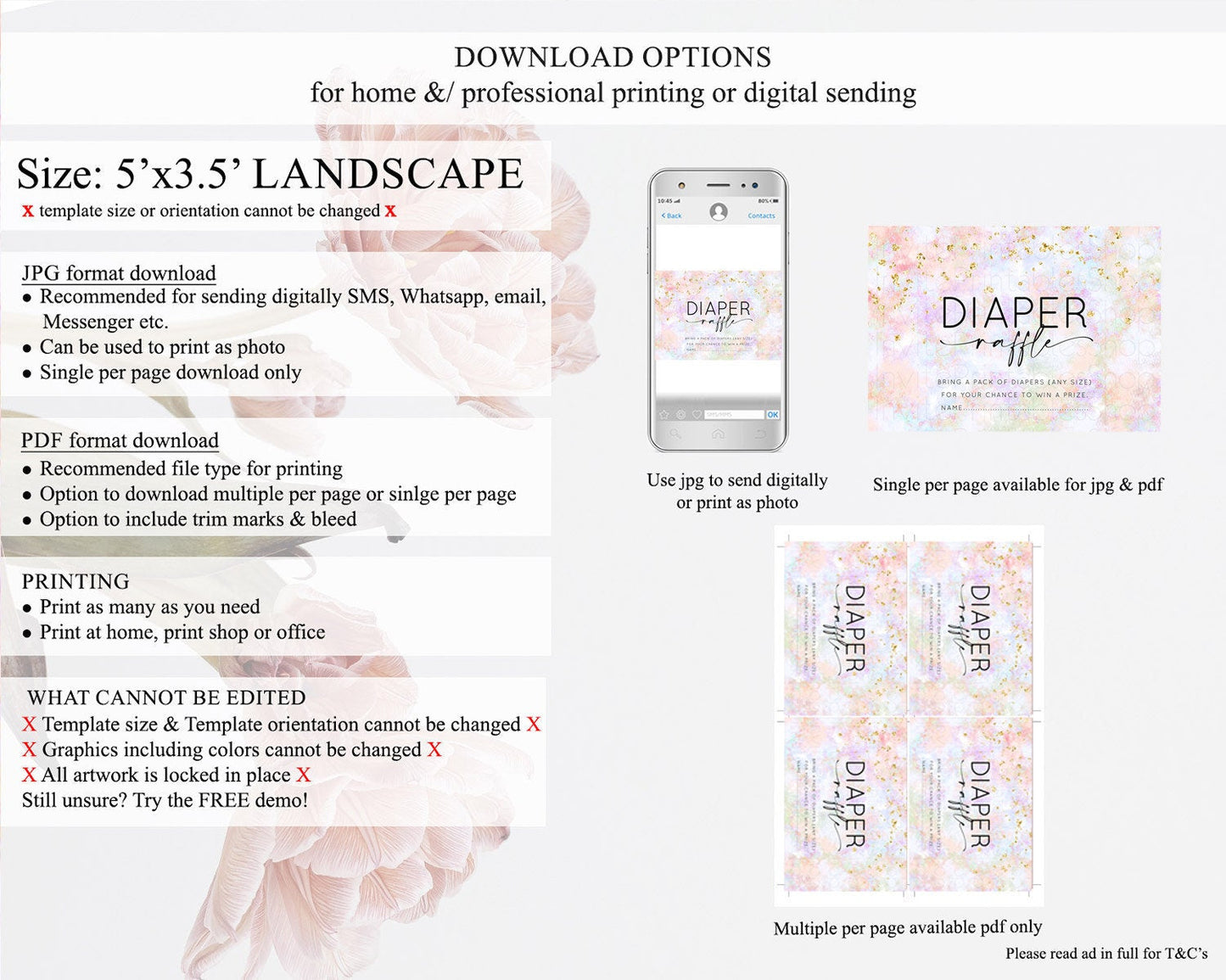 Pastel Diaper Raffle Card Pastel Rainbow Diaper Raffle Insert Colorful Ombre Watercolor Diaper Ticket Confetti Glitter Raffle Game D10649