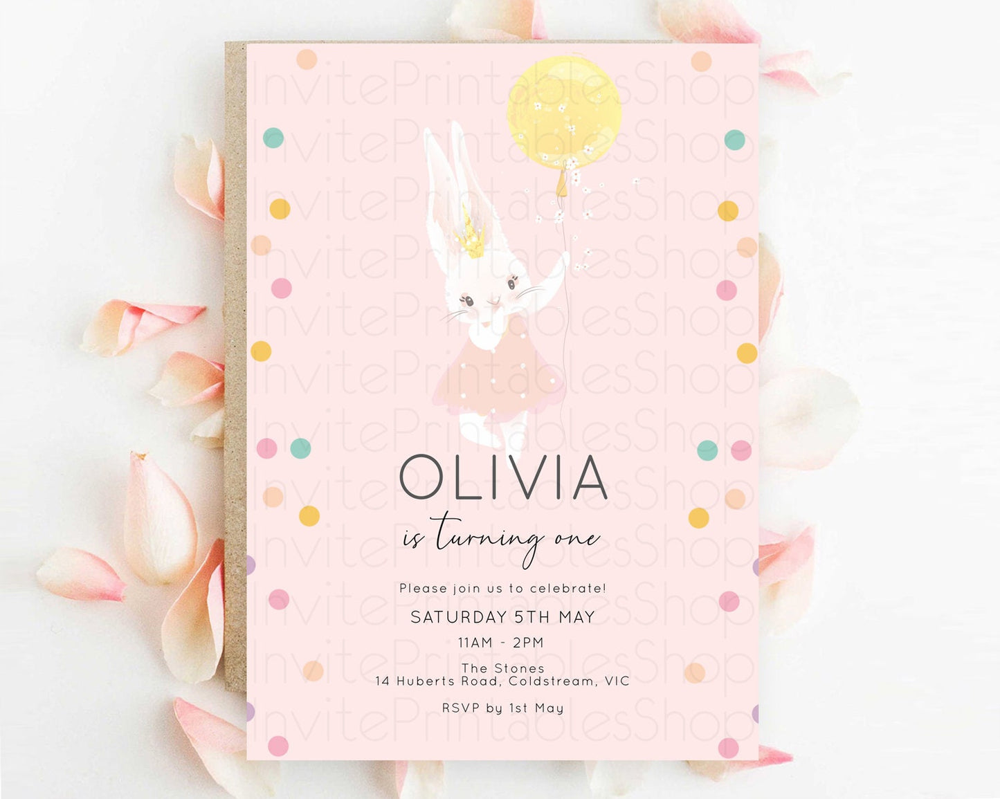 Bunny Birthday Invitation Pastel Bunny Invitation Bunny Balloon Invites Pastel Confetti Balloon Bunny Invites 2nd 1st First Birthday D10219