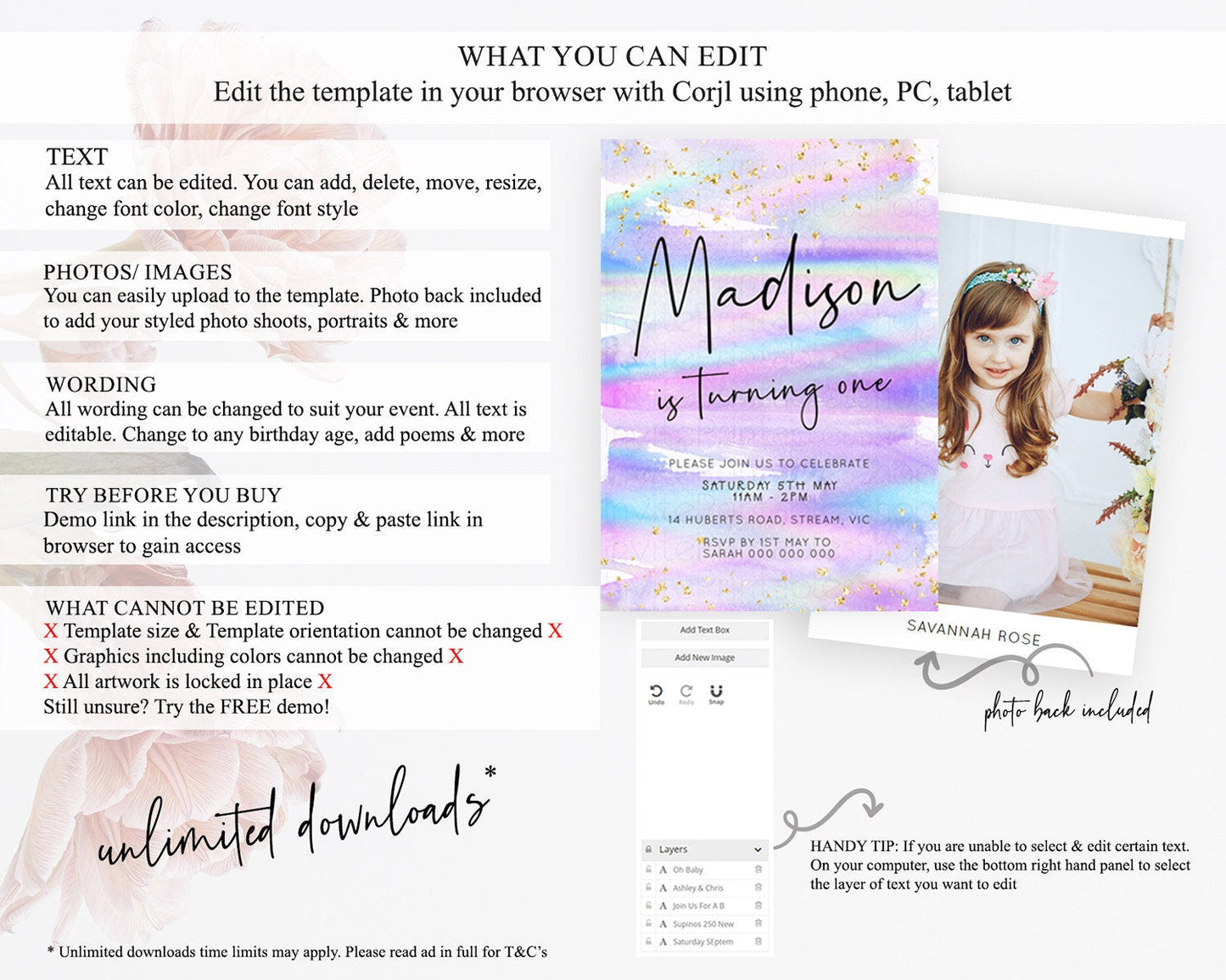 Pastel Birthday Invitation Ombre Watercolor Birthday Invitation Glitter Rainbow Color Splash 1st 2nd 3rd Birthday Invitation D23031