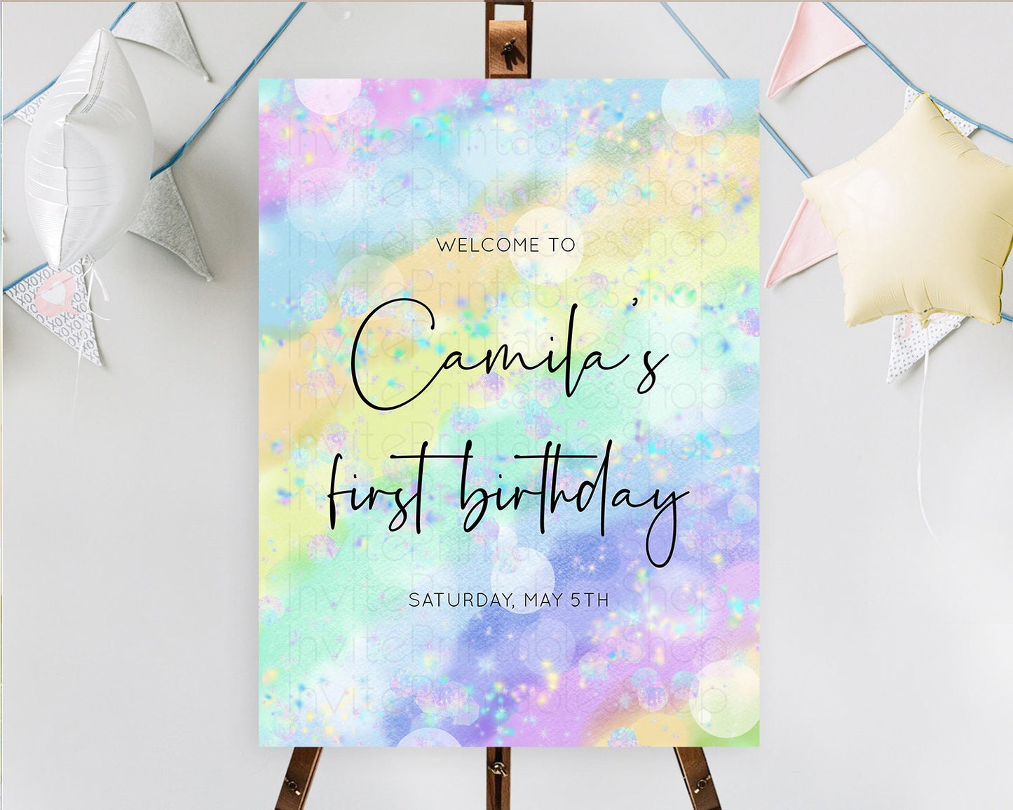 Pastel Welcome Sign Pastel Rainbow Welcome Sign Colorful Rainbow Confetti Watercolor Glitter Pastel First Birthday Welcome Sign D10689