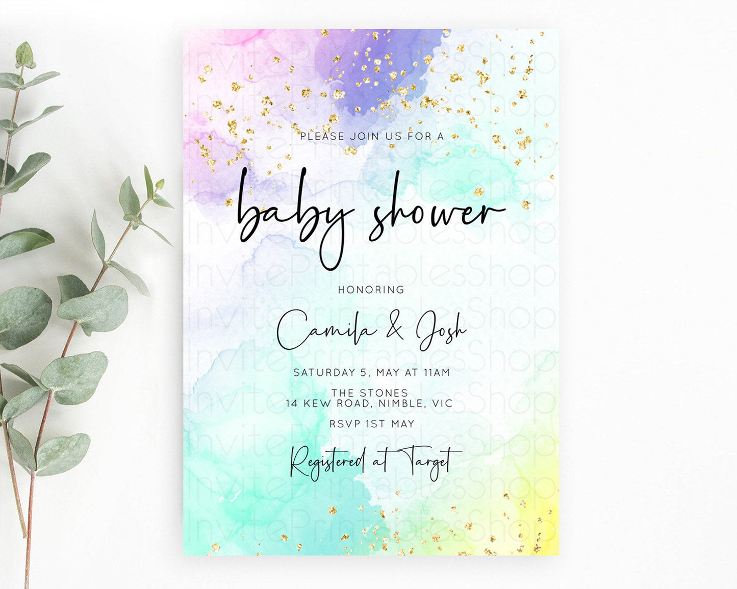 Pastel Rainbow Baby Shower Invitation, Colorful Watercolor Splash, Soft Pastel with Gold Glitter Sprinkles - Purple, Teal, Pink Ombre D10158