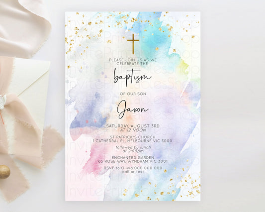 Pastel Baptism Invitation Pastel Colors Watercolor Baptism 1st Birthday Party Gold Ombre Pastel Rainbow Christening Holy Communion D10422