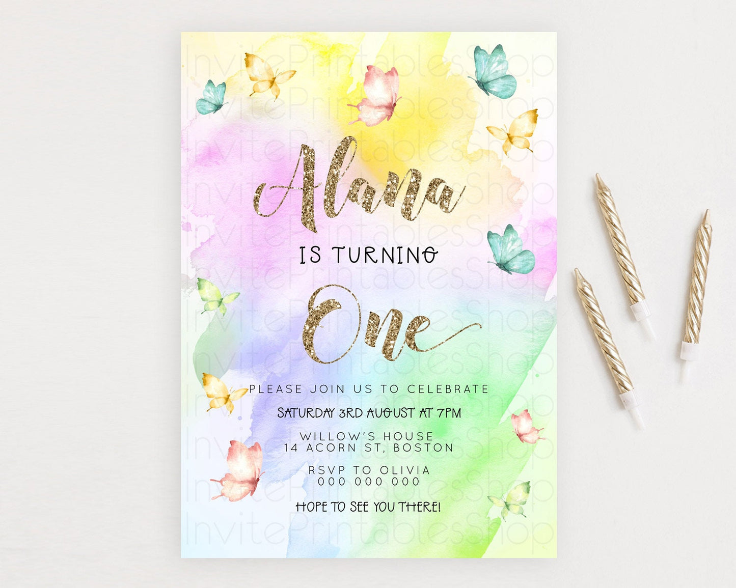 Pastel Butterfly Birthday Invitation Butterfly Birthday Invitation Colorful Splash Glitter Butterfly Garden 1st 2nd Birthday D23258