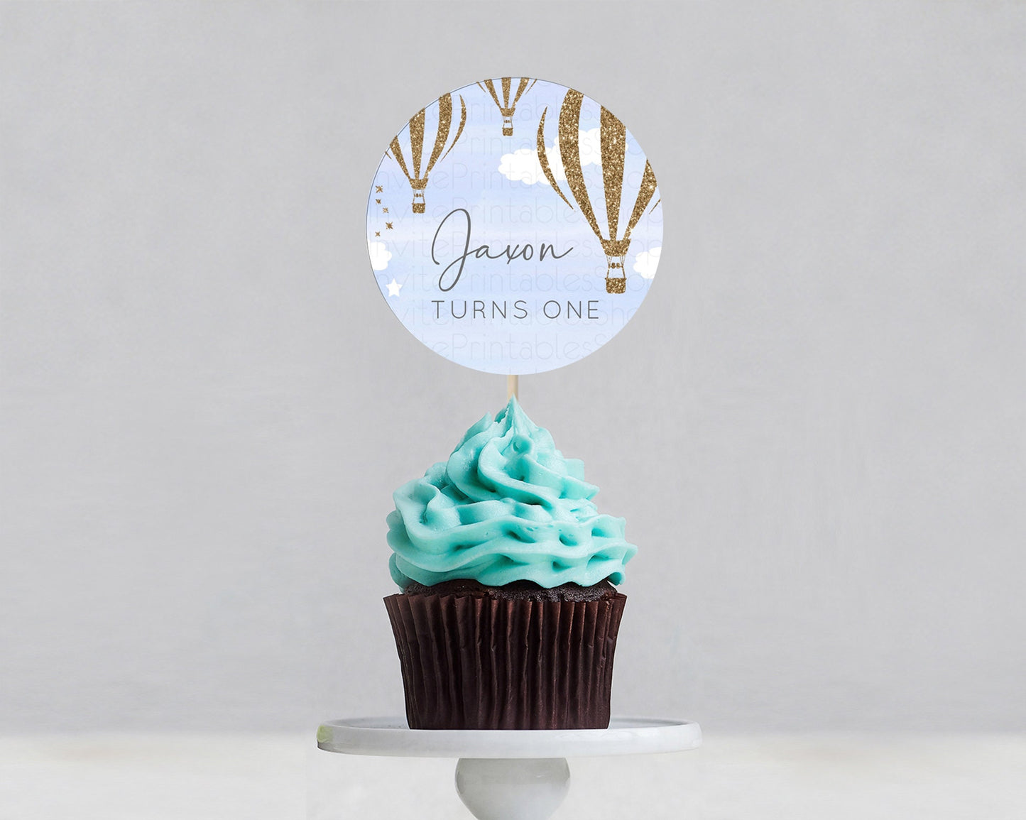 Hot Air Balloon Cupcake Toppers Adventure Awaits Up & Away Glitter Blue Watercolor Cupcake Topper Hot Air Balloon Party Décor D10333