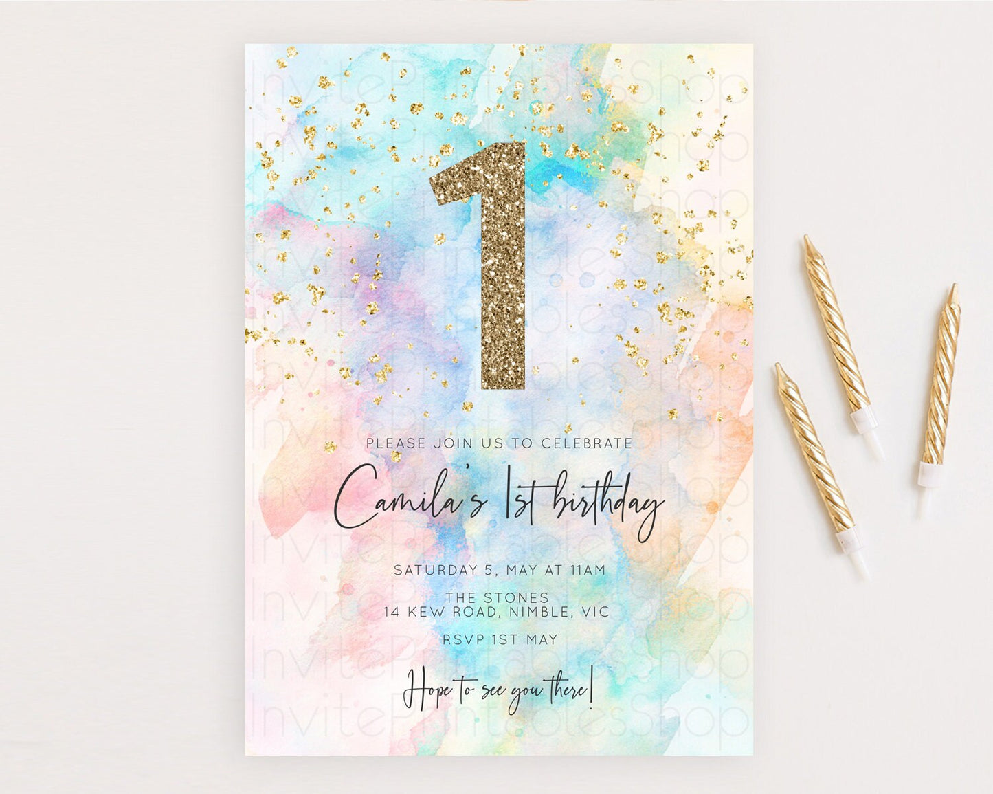 Rainbow Birthday Invitation Colorful Pastel Watercolor Invitation Gold Glitter Sprinkles Ombre Pastel 1st 2nd 3rd Birthday D10260