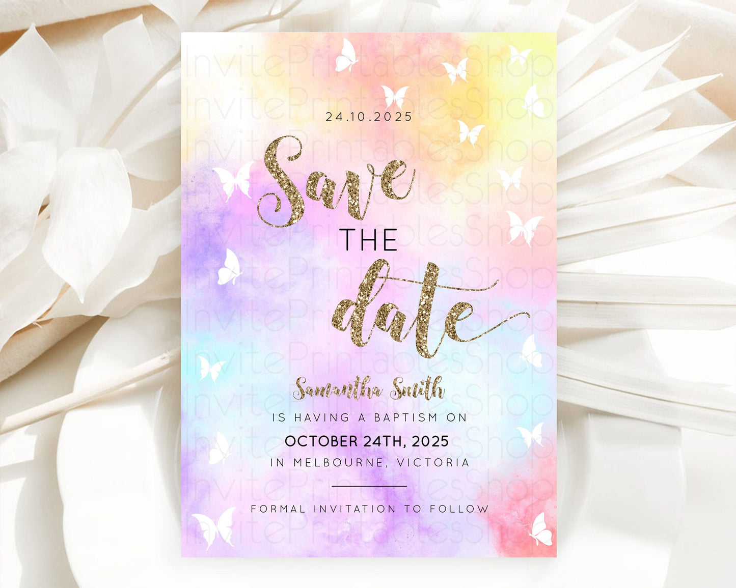 Pastel Save The Date Template Pastel Ombre Rainbow Watercolor Colorful Party For Birthday Baptism Baby Shower Wedding Bridal Shower D10435