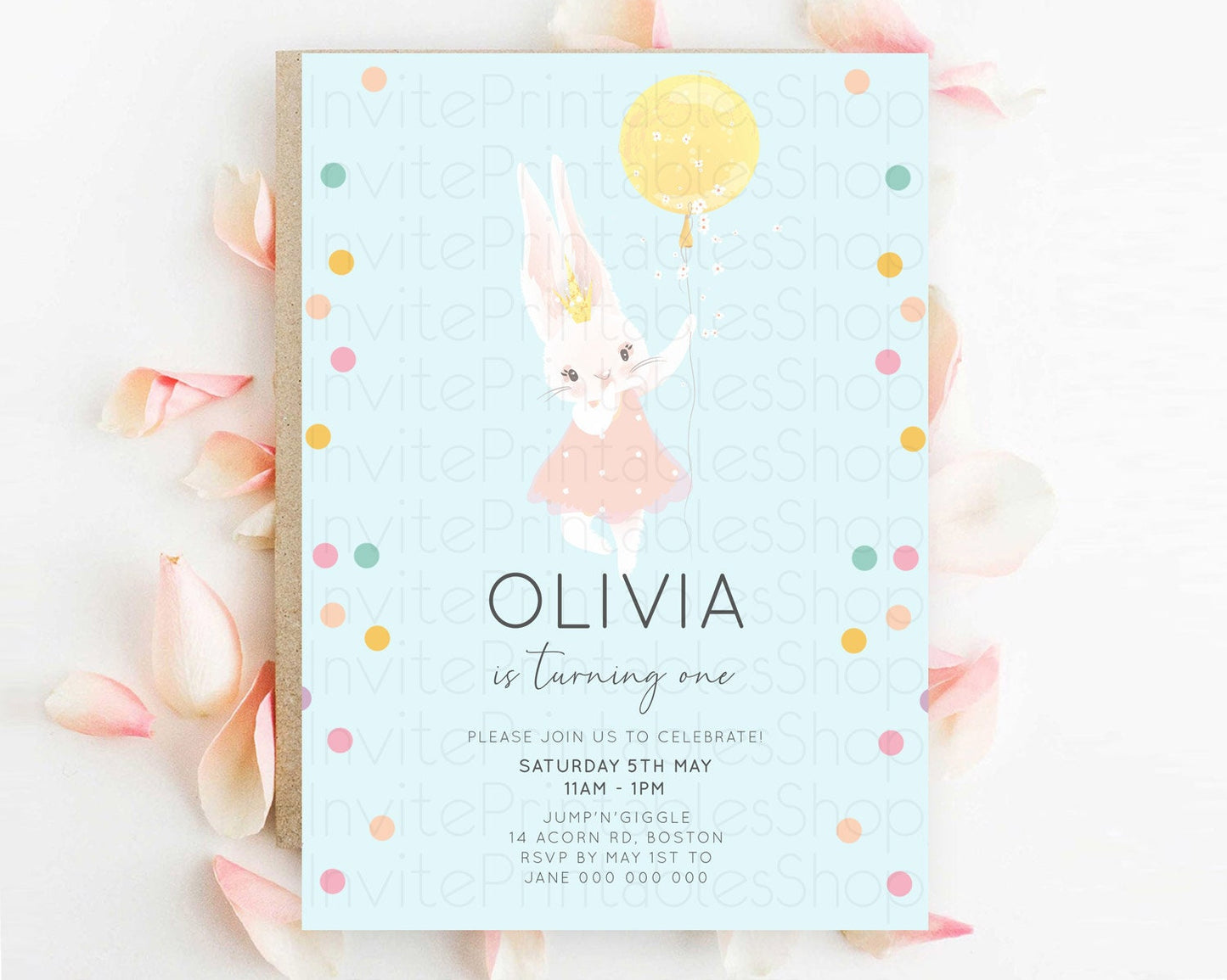 Bunny Birthday Invitation Pastel Bunny Invitation Bunny Balloon Invites Pastel Confetti Balloon Bunny Invites 2nd 1st First Birthday 199v3