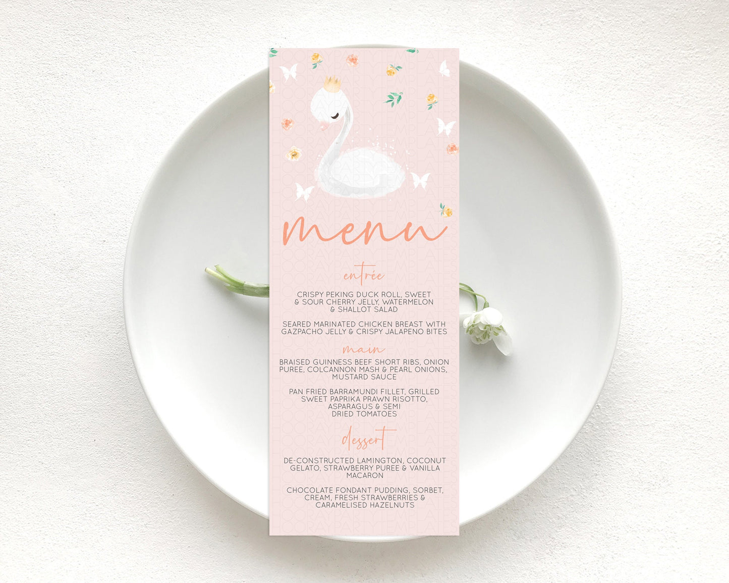 Swan Menu Swan Princess Ballet Menu Template Enchanted Swan Lake Table Decor Secret Garden Pastel Floral Dinner Dessert Food Menu  D10388