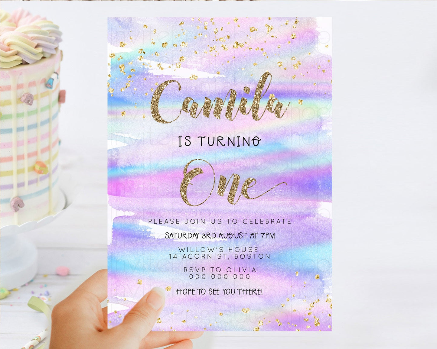 Editable Rainbow Birthday Invitation Colorful Pastel Watercolor Invitation G