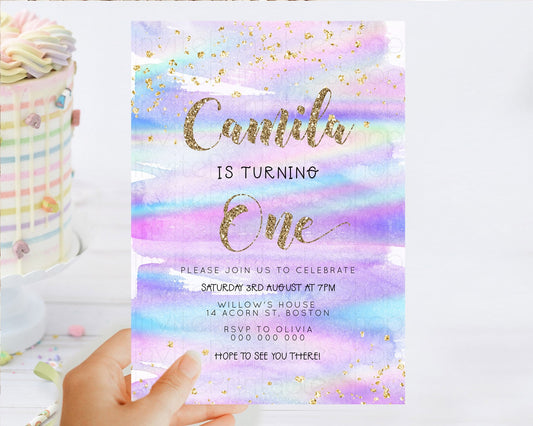 Editable Rainbow Birthday Invitation Colorful Pastel Watercolor Invitation G