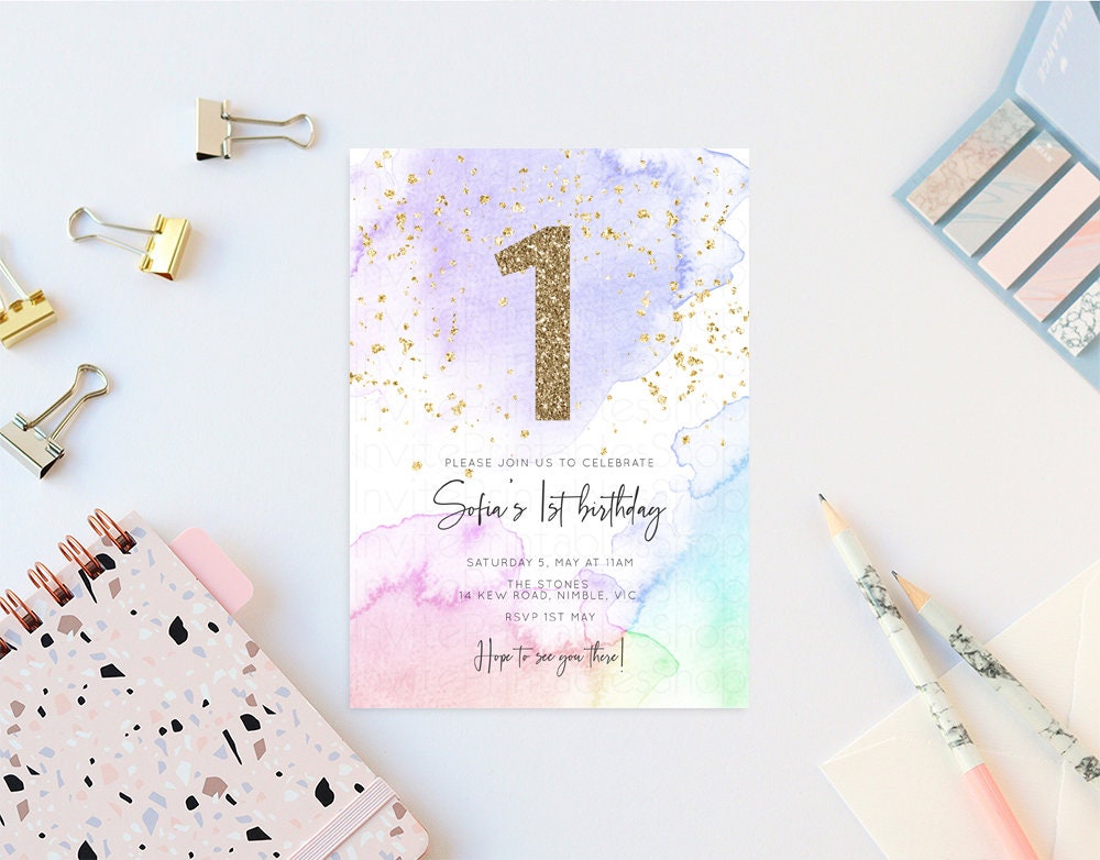 Rainbow Birthday Invitation Pastel Birthday Invitation Ombre Rainbow Invite Colorful Watercolor Invite Glitter Sprinkle Invitation