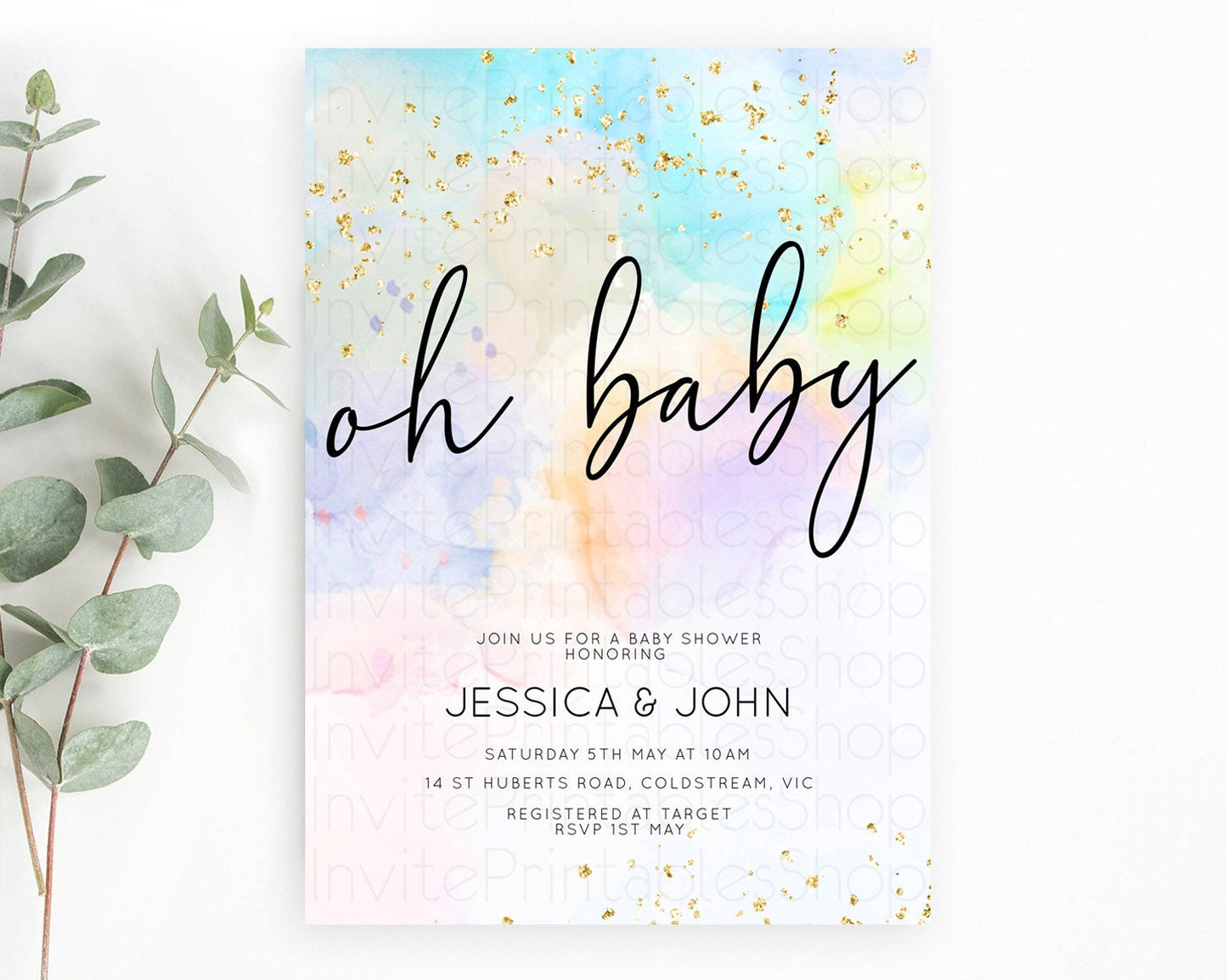 Pastel Baby Shower Invitation Rainbow Baby Shower Invitation Colorful Pastel Watercolor Invitation Gold Glitter Sprinkles Ombre D10769