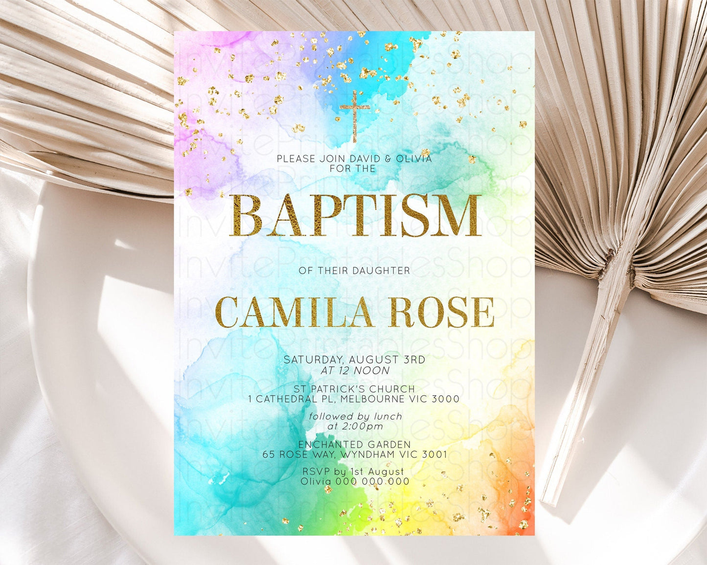 Pastel Baptism Invitation Pastel Colors Watercolor Baptism 1st Birthday Party Gold Ombre Pastel Rainbow Christening Holy Communion D10961