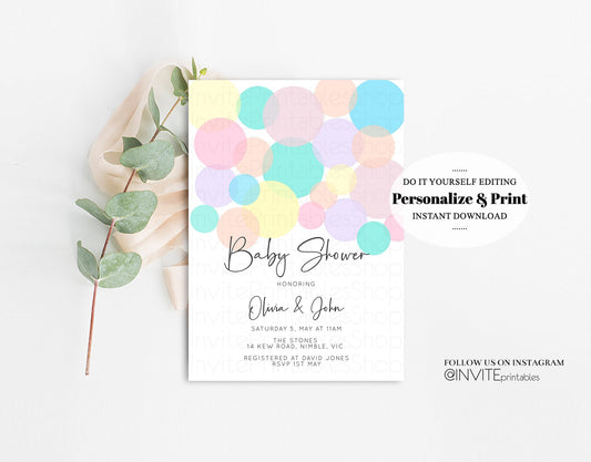Editable Pastel Baby Shower Invitation Colorful Rainbow Bubbles Confetti Spr