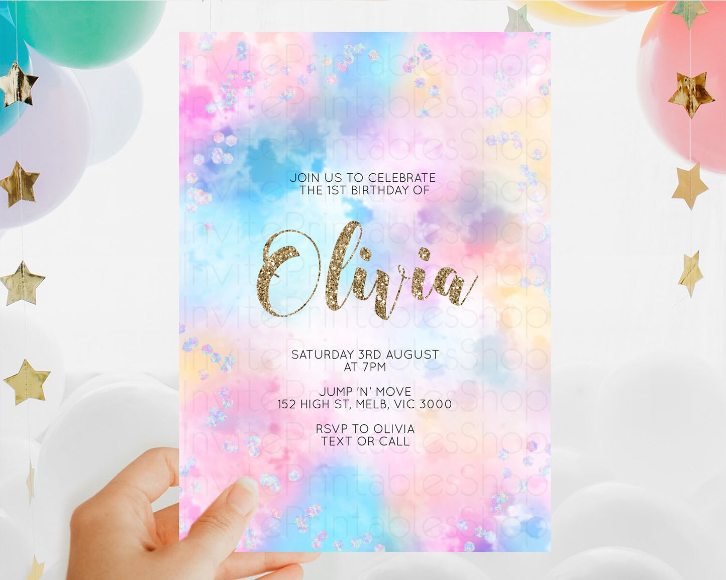 Rainbow Birthday Invitation Colorful Pastel Watercolor Invitation Gold Glitter Sprinkles Ombre Pastel 1st 2nd 3rd Birthday D10608