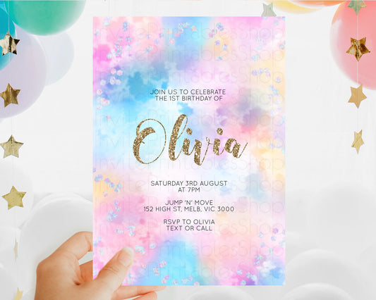 Rainbow Birthday Invitation Colorful Pastel Watercolor Invitation Gold Glitter Sprinkles Ombre Pastel 1st 2nd 3rd Birthday D10608