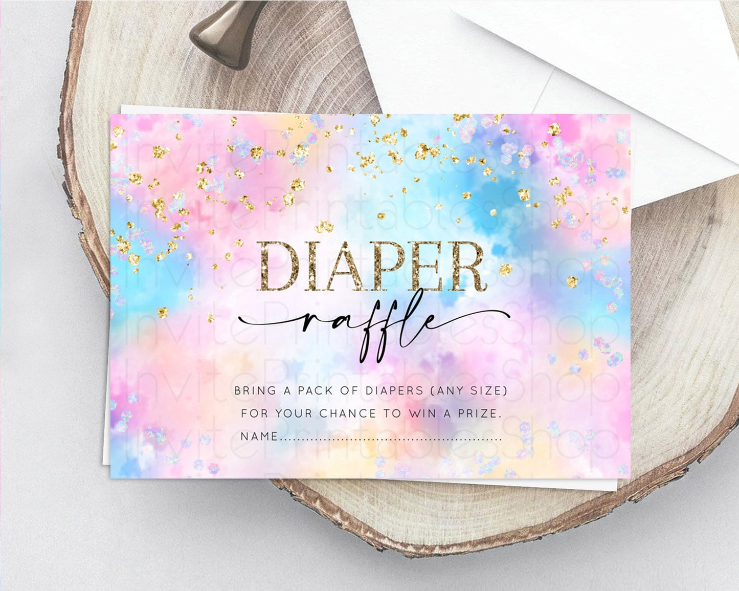 Pastel Diaper Raffle Card Pastel Rainbow Diaper Raffle Insert Colorful Ombre Watercolor Diaper Ticket Confetti Glitter Raffle Game D10607