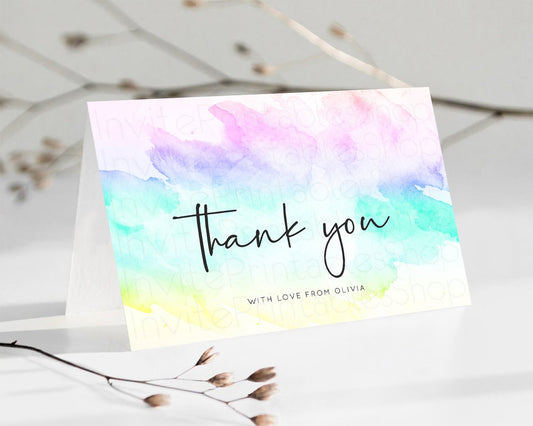 Editable Pastel Rainbow Thank you Colorful Watercolor Folded Gift Cards Cust