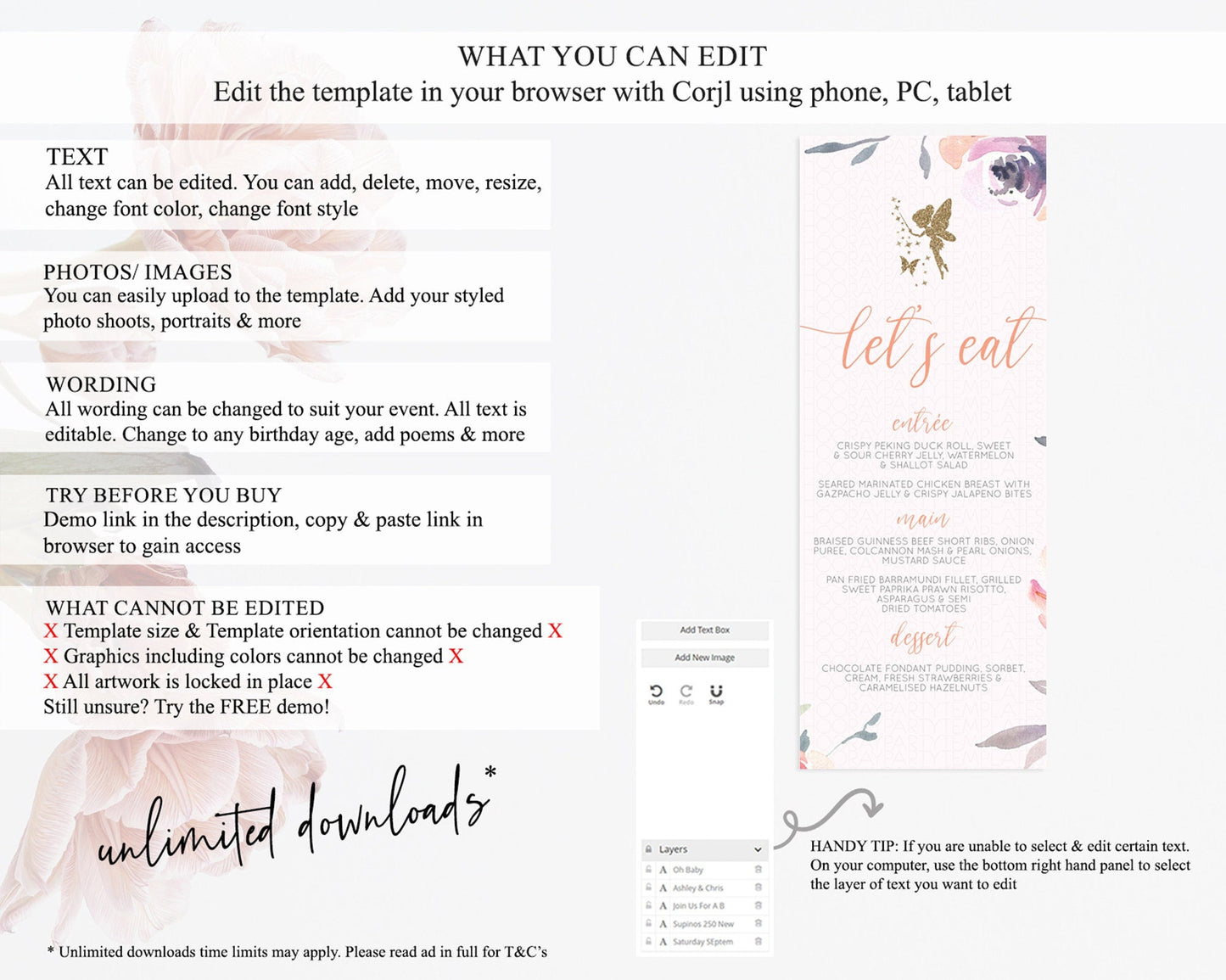 Fairy Menu Fairy Menu Template Enchanted Garden Pastel Floral Butterfly Table Decor Fairy Secret Garden Dinner Dessert Food Menu D10197