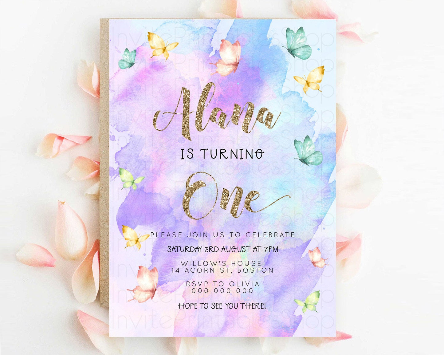 Pastel Butterfly Birthday Invitation Butterfly Birthday Invitation Colorful Splash Glitter Butterfly Garden 1st 2nd Birthday D23249