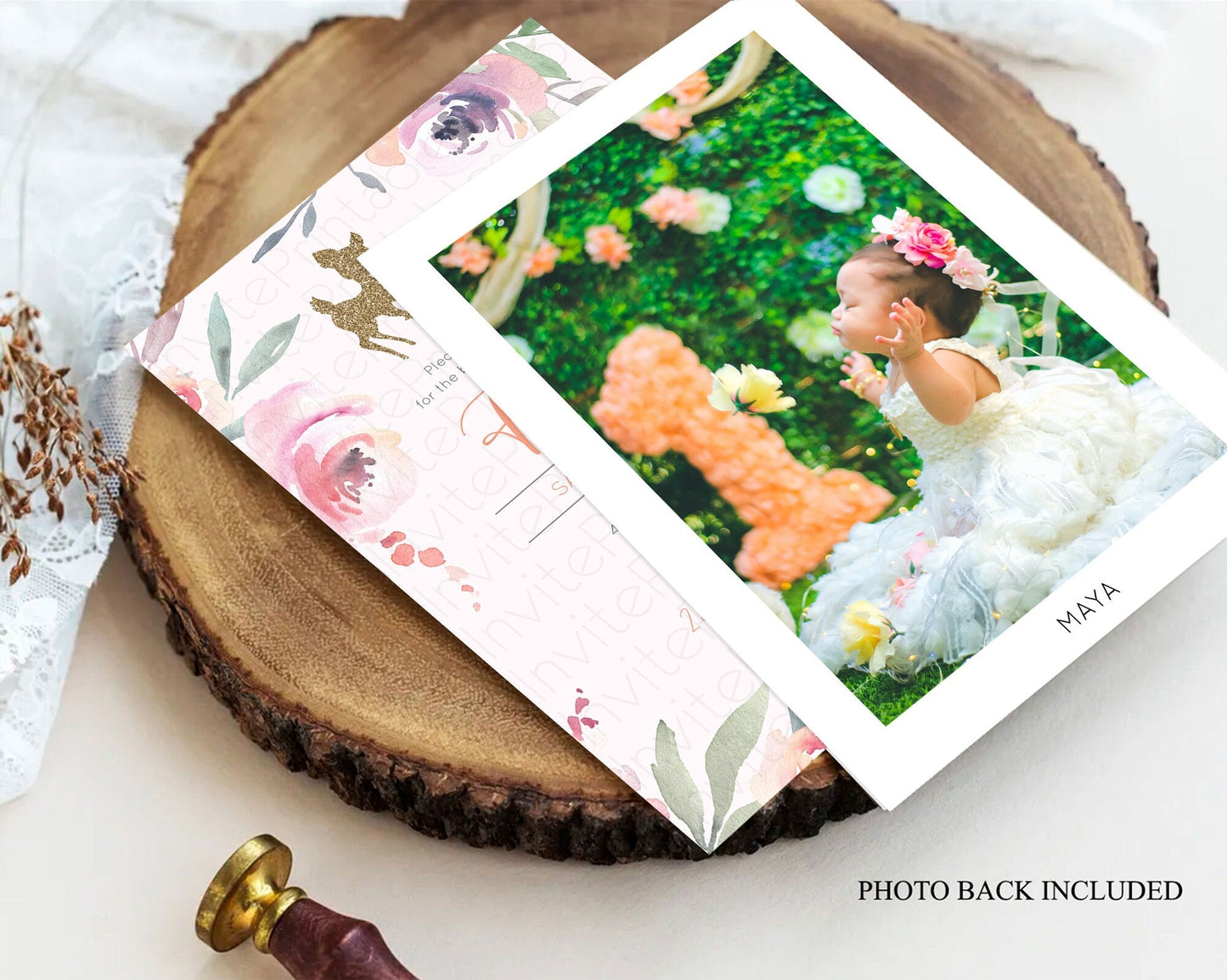 Fawn Baptism Invitation Deer Baptism 1st Birthday Invitation Enchanted Forest Christening Invitation Pastel Garden Butterfly Floral D10196